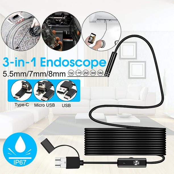SHZJZ 3-in-1 USB Endoscope 7mm HD Camera Automotive Industry Viewer Applies to Android PC Type c Cord/Hard Wire Adjustable 6LED 